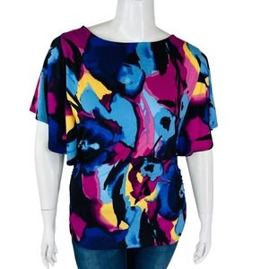 Style & Co Womans Sz XL Blouse Abstract Short Sleeve Round Neck Cinch Stretch